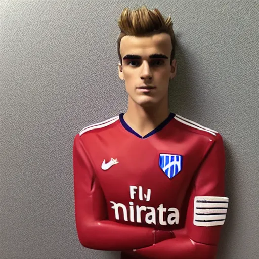 Image similar to “ a realistic detailed photo of a guy who is an attractive humanoid who is half robot and half humanoid, who is a male android, soccer player antoine griezmann, shiny skin, posing like a statue, blank stare, on the bed, on display ”