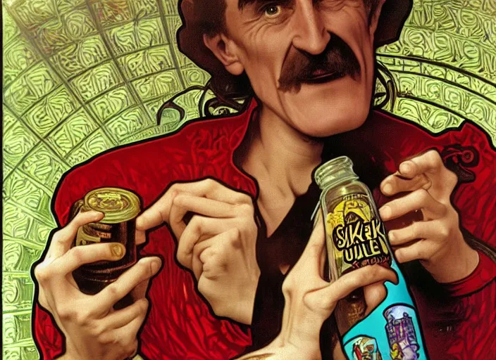 Image similar to barry chuckle drinking a bottle of snake oil, snake oil advertisement from 1 9 8 8, artwork by alphonse mucha and richard corben, 3 d, high resolution 8 k