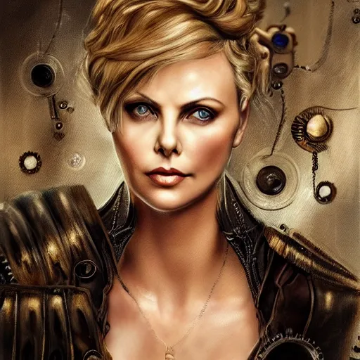 Image similar to beautiful Charlize Theron, perfect face and boy, in detailed steampunk dress, smooth, sharp focus, illustration, realistic, cinematic, artstation, gold, ornate, award winning, original modern artwork, set on H. R. Giger aesthetic, rgb ethereal lighting,8k