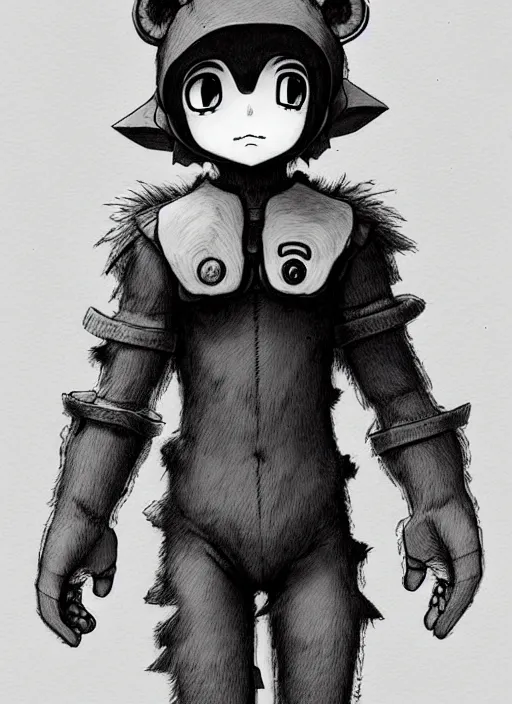 Image similar to beautiful little boy wearing an cyborg bear suit, artwork in kentaro miura and made in abyss and rosdraws, smooth, beautiful lightness, anatomically correct, trending on pixiv, forest