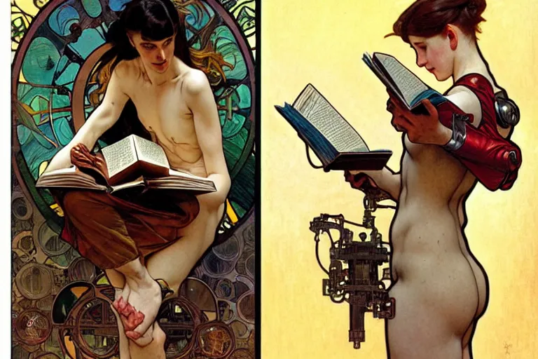 Prompt: a cyborg reading from an old book with a leather cover, art by John Collier and Albert Aublet and Krenz Cushart and Artem Demura and Alphonse Mucha