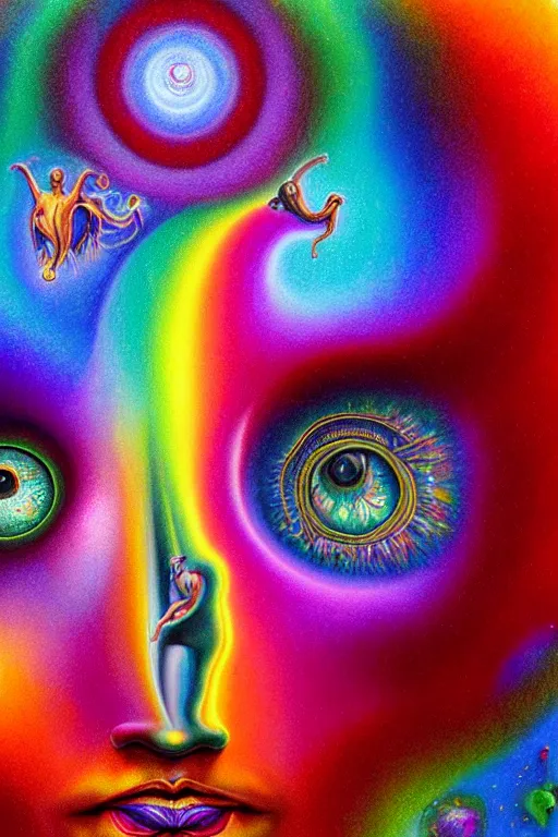 Image similar to hyperrealistic abstract close-up Renaissance psychedelic!! celestial happy! pure creature!! peaceful! kind spirit of nature! beautiful fractal!! eyes! highly detailed concept art eric zener elson peter cinematic hard rainbow lighting high angle hd 8k sharp shallow depth of field endless, inspired by Zdzisław Beksiński Salvador Dali