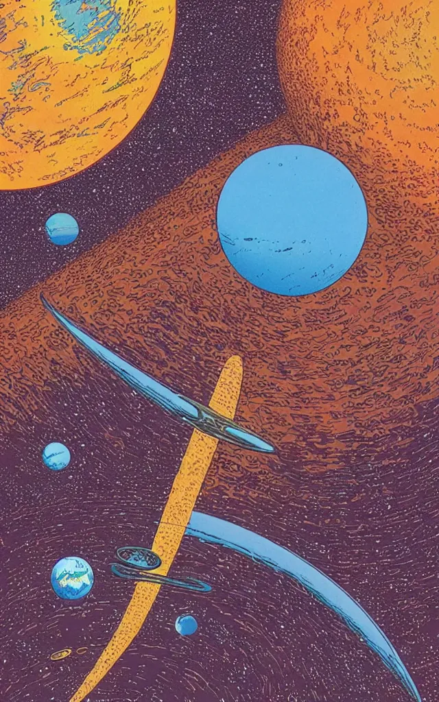 Prompt: planet earth seen from very very far away with the empty cosmic landscape on the background. Retro art by jean giraud.