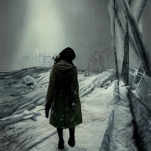 Image similar to Elle Fanning in the painted world of Metro 2033, snow, head and shoulders masterpiece, apocalypse, golden hour, cosmic horror, artstation, in the style of Andrew Wyeth and Edward Hopper and Bosch, extremely detailed