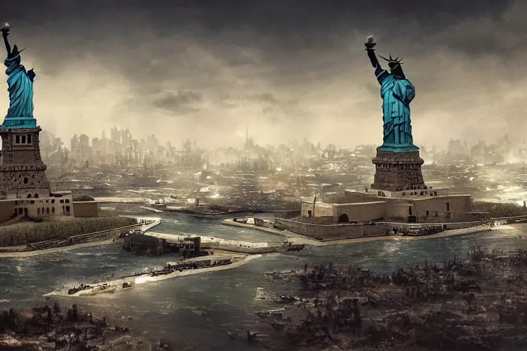 Prompt: The statue of liberty after nuclear fallout, concept art by Ray Lederer, fallout concept art, wallpaper, trending on art station