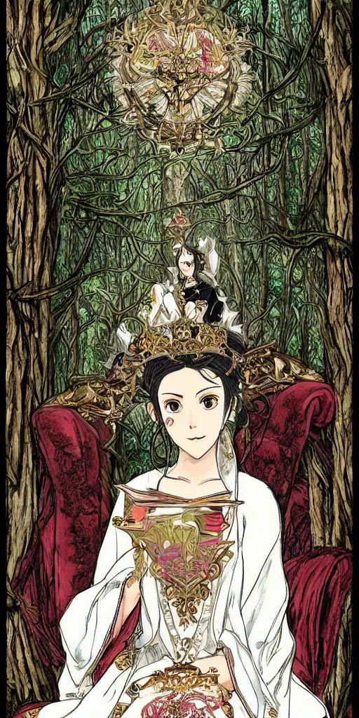 Image similar to an highly detailed magical empress sitting by herself on a sofa in a forest wearing a white robe drawn by cloverworks studio, elegant and beautiful, tarot card, Tarot card the empress, rich colors