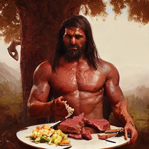 Image similar to an spartan man eating meat on a wooden bowl, Matte painting , detailed painting, greg rutkowski
