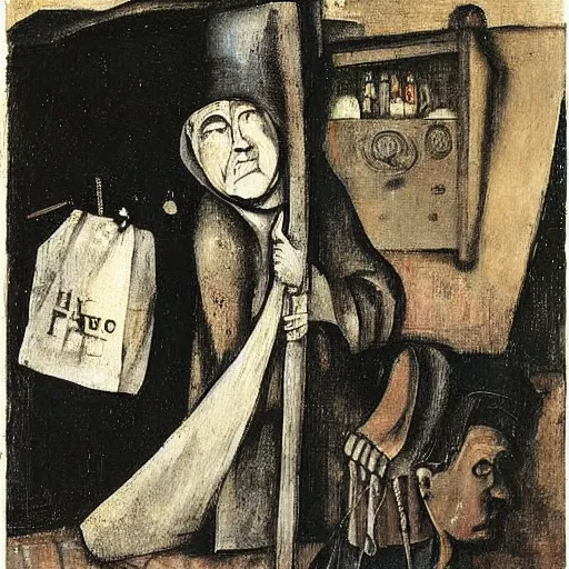 Prompt: queen elizabeth painted as a beggar in a dark forbidding alleyway by george grosz and hieronymus bosch