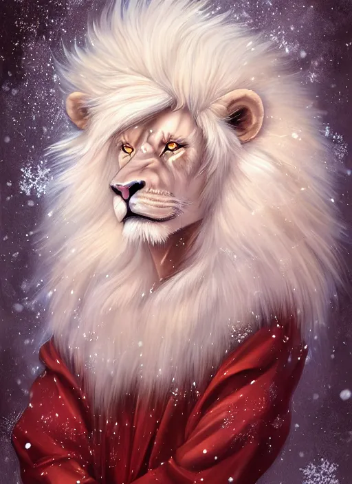 Image similar to award winning beautiful portrait commission of a male furry anthro albino lion with tattoos on his muscular belly with a beautiful hyperdetailed attractive outfit and face wearing a golden and red winter cozy outfit with red background and white snow falling around lion. Character design by charlie bowater, ross tran, and makoto shinkai, detailed, inked, western comic book art