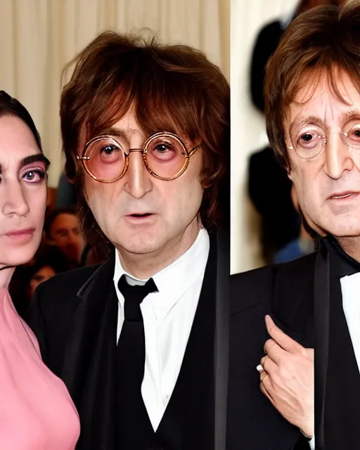Image similar to genetic combination of john lennon and paul mccartney, photographed at met gala, dynamic lighting, ultra detailed