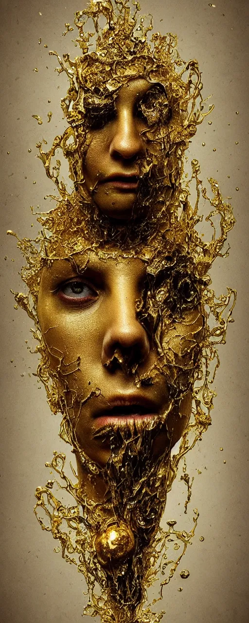 Prompt: portrait of a surreal melting faces floating, gold dripping in spiral, Mistic ambient, ultra super good realistic 3D render by Pete Morbacher and Emil Melmoth, insanely detailed, trending on artstation, sharp focus