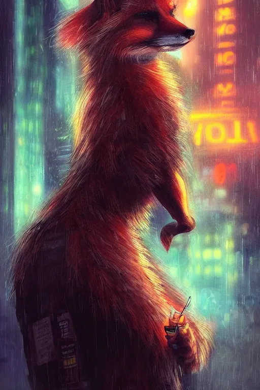 Image similar to beautiful portrait of a tall female anthro fox smoking a cigarette in a bustling crowd of a rainy city street, cyberpunk, harsh neon lights, highly detailed, sharp focus, digital painting, illustration, trending on artstation, art by sakimichan, artgerm