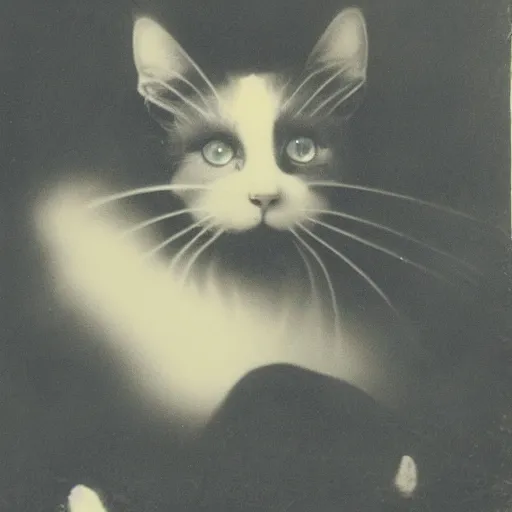 Image similar to lithograph of a cat emitting ectoplasm, haunted cat, ghostly presence, vintage photography