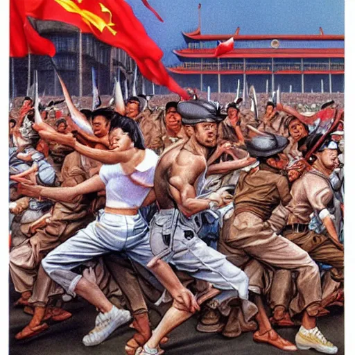 Prompt: tiananmen square 1989 in the style of Boris Vallejo, intricate, highly detailed, concept art, smooth, sharp focus