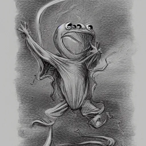 Image similar to full body grayscale drawing by Gustave Dore of Kermit the Frog, Sesame Street, swirling flames