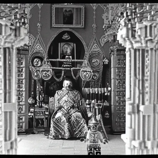 Image similar to ivan the terrible in his palace in moscow play with lego castle, kodak, old photo, black and white, film, wide lens, 1 6 mm,