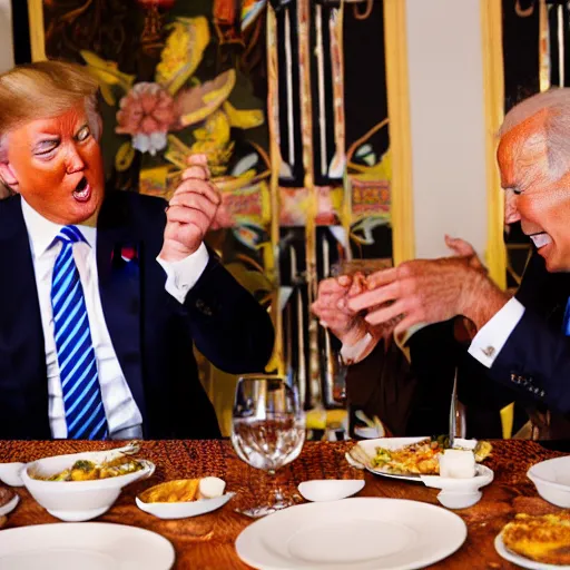 Image similar to Trump and Biden having dinner at a fancy Balinese restaurant, award winning photography, 85mm, perfect faces, zoom