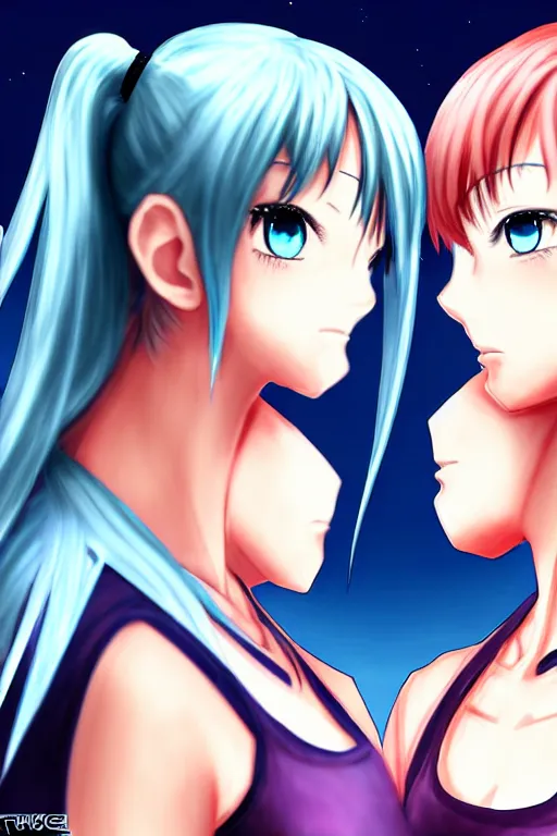 Image similar to two beautiful female fighters with pigtails facing each other, detailed anime art