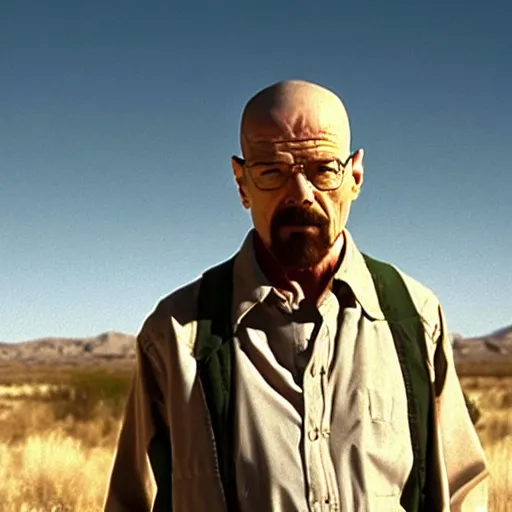Prompt: breaking bad still frame of walter white in shock with his mouth opened, desert background, breaking bad