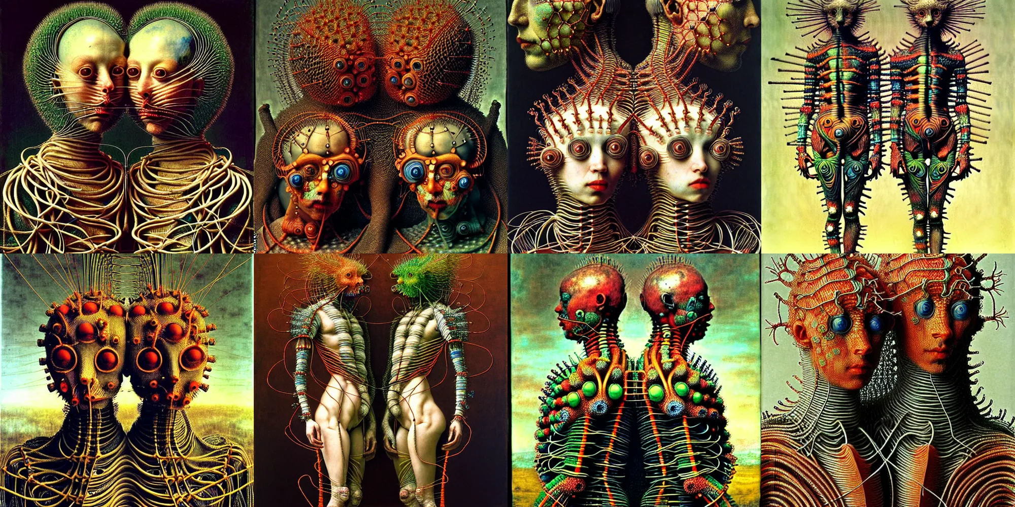 Prompt: fully featured siamese twins made of wires, intricate armor made of fractals of colorful wires, highly detailed, by giuseppe arcimboldo and ambrosius benson, renaissance, ( beksinski ), realistic, high definition