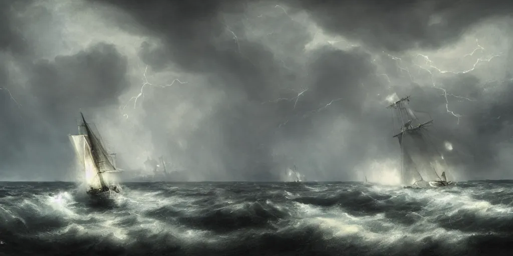 Image similar to a man o war sailing through a heavy storm at night, art, high definition, high detail, 8k,