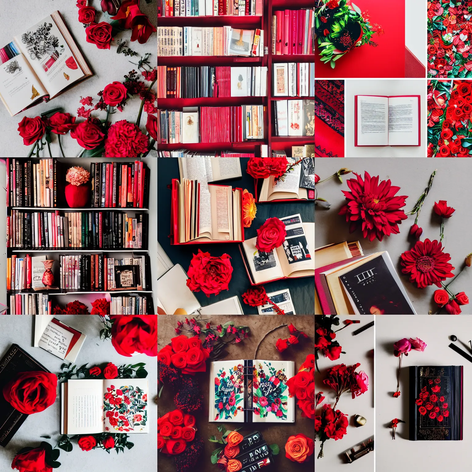Prompt: flatlay book collection, vivid colors, dramatic lighting, red and black flowers