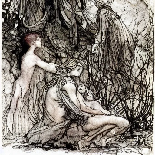 Image similar to The blood-dimmed tide is loosed and everywhere the ceremony of innocence is drowned, painted by Arthur Rackham