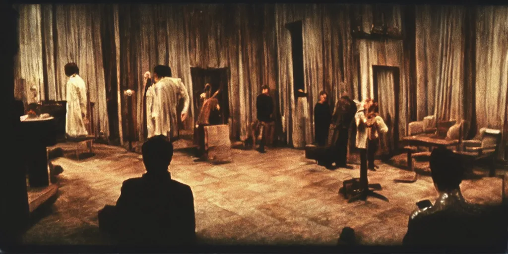 Image similar to detailed medium format photo, polaroid still from tarkovsky movie, elvis impersonators waiting for callback, haze, high production value, intricate details, 8 k resolution, hyperrealistic, hdr, photorealistic, high definition, technicolor, award - winning photography, masterpiece, amazing colors