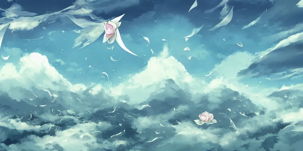 Image similar to background art of flying longswords flowing through the slicing through directional wind on a simple cloudy sky background featuring an enormous tsunami, big puffy clouds, sharp rain, large rose petals, lotus petals, large polygonal background elements, large polygons, studio ghibli anime, dramatic lighting, artgerm, manga, trending on artstation, art nouveau, mature colors