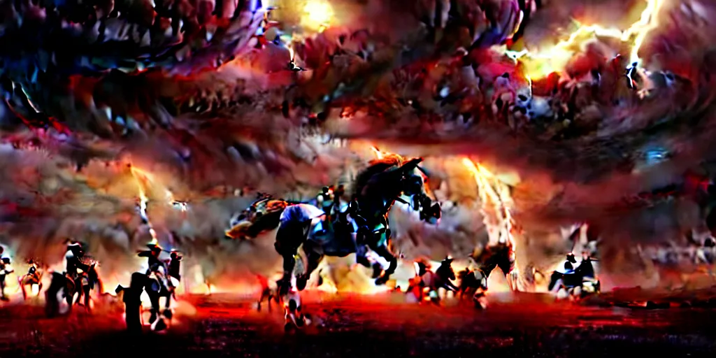 Prompt: ”four horsemen of the apocalypse riding skeleton horses towards the camera [epic, cinematic, scary, intimidating, horror, war, battle, hell, storm clouds, lightning, octane render, 8k, mattepainting, art by wlop and paul lehr and greg rutkowski]”