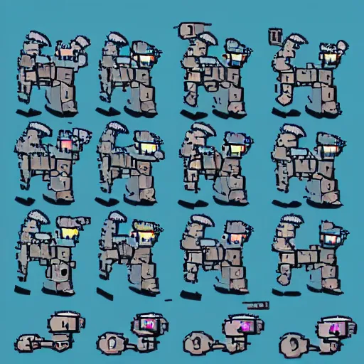 Prompt: a sprite sheet for a platformer game where the main character is a robot cat