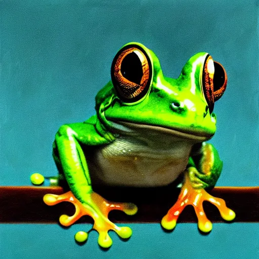 Prompt: frog looking down at his next victems, vivid colors, soft lighting, atmospheric, cinematic, moody, oil on canvas, 8 k