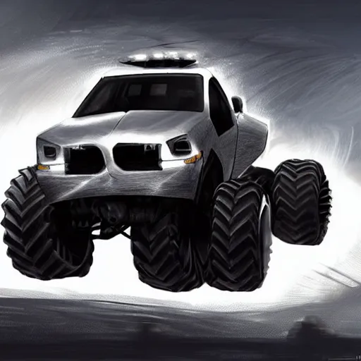 Prompt: futuristic concept art of a monster truck fitted with angel wings, metallic, dark, high detail