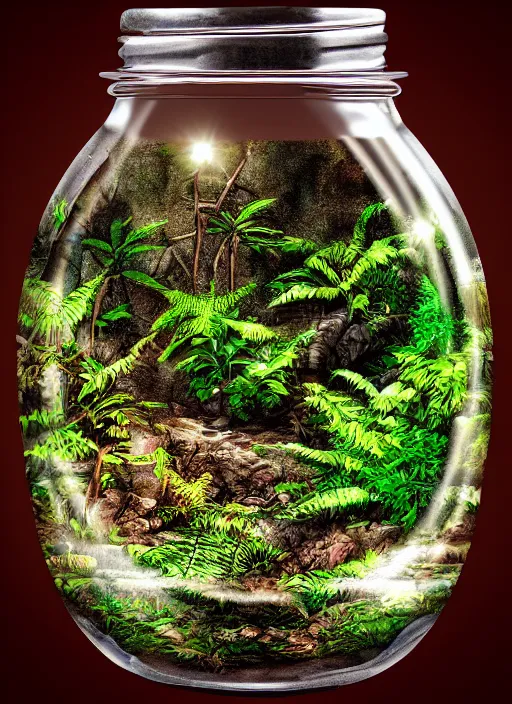 Prompt: a jungle, inside a glass jar, photo realistic, studio lighting