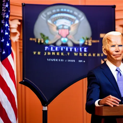 Prompt: photograph of an alien wearing a wig and a dress and (((Joe Biden))) at a press conference, highly detailed, 4K