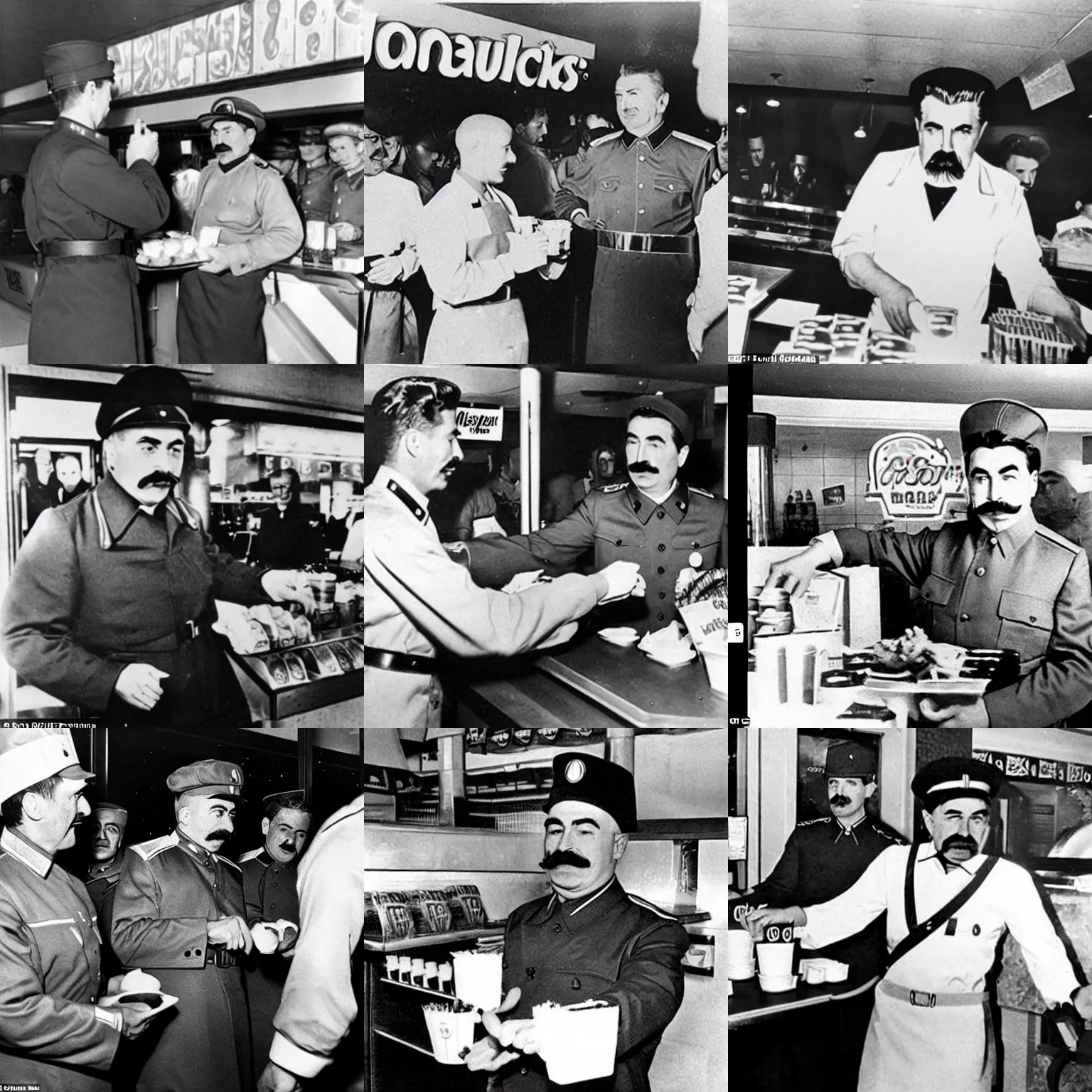 Prompt: Joseph Stalin working a shift at a fast-food restaurant serving customers, mcdonalds, burger king
