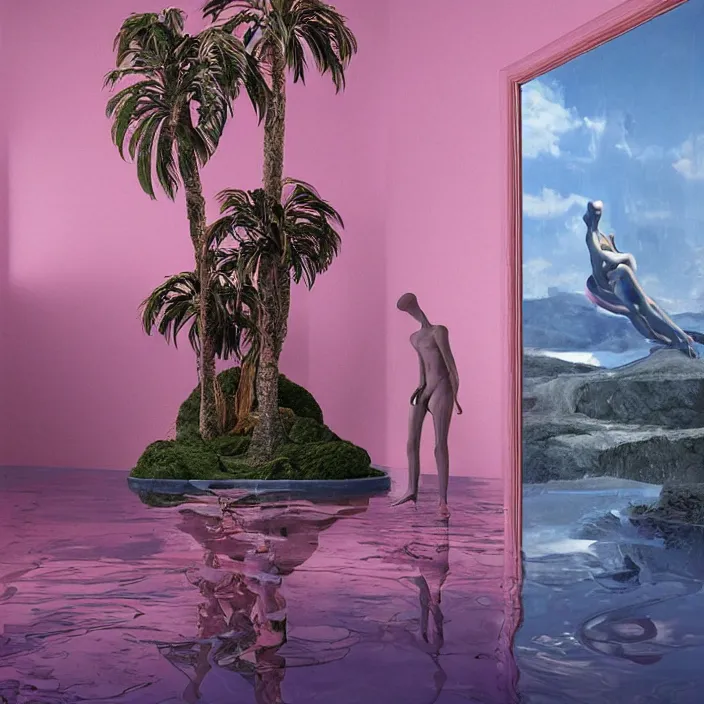 Prompt: hyperrealistic random objects in a surreal minimalistic dreamscape environment by salvador dali, enormous pink mannequin head statue, highly detailed, 3 d render, vray, octane, beautiful lighting, photorealistic, intricate, elegant, wayne barlowe, water, mirrors, doorway, beautiful, masterpiece, trending on artstation, artgerm, checkered floor, palm tree