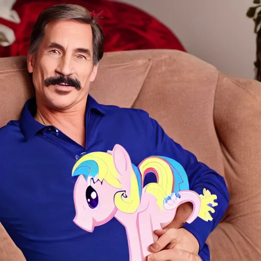 Image similar to mike lindell holding a my little pony body pillow. still from tv commercial