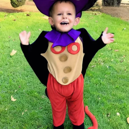 Prompt: happy boy dressed in costumes for halloween