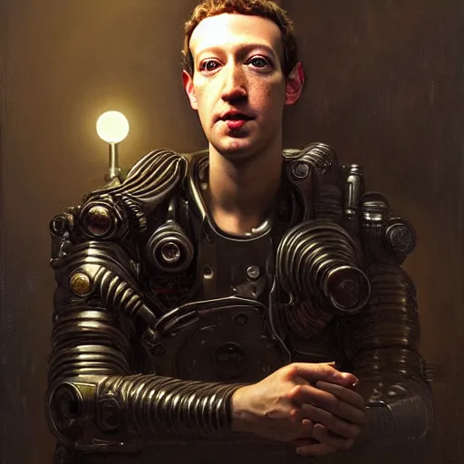 Image similar to highly detailed oil painting | very intricate | cinematic lighting | award - winning | portrait of cyborg mark zuckerberg | by roberto ferri, by tom bagshaw, by j. c. leyendecker and klimt, american romanticism, by austin osman spare, artstation, cgsociety, official art, octane