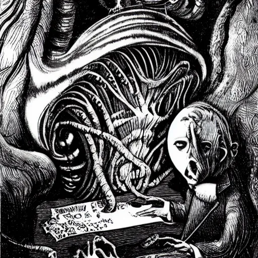 Prompt: twas brillig, and the slithy toves did gyre and gimble in the wabe all mimsy were the borogoves, and the mome raths outgrabe | by lewis carroll and hp lovecraft with doctor seuss and hr giger