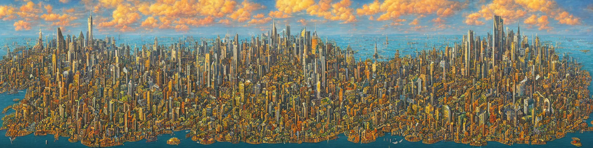 Prompt: a Jacek yerka painting of the island of Manhattan floating in the sky