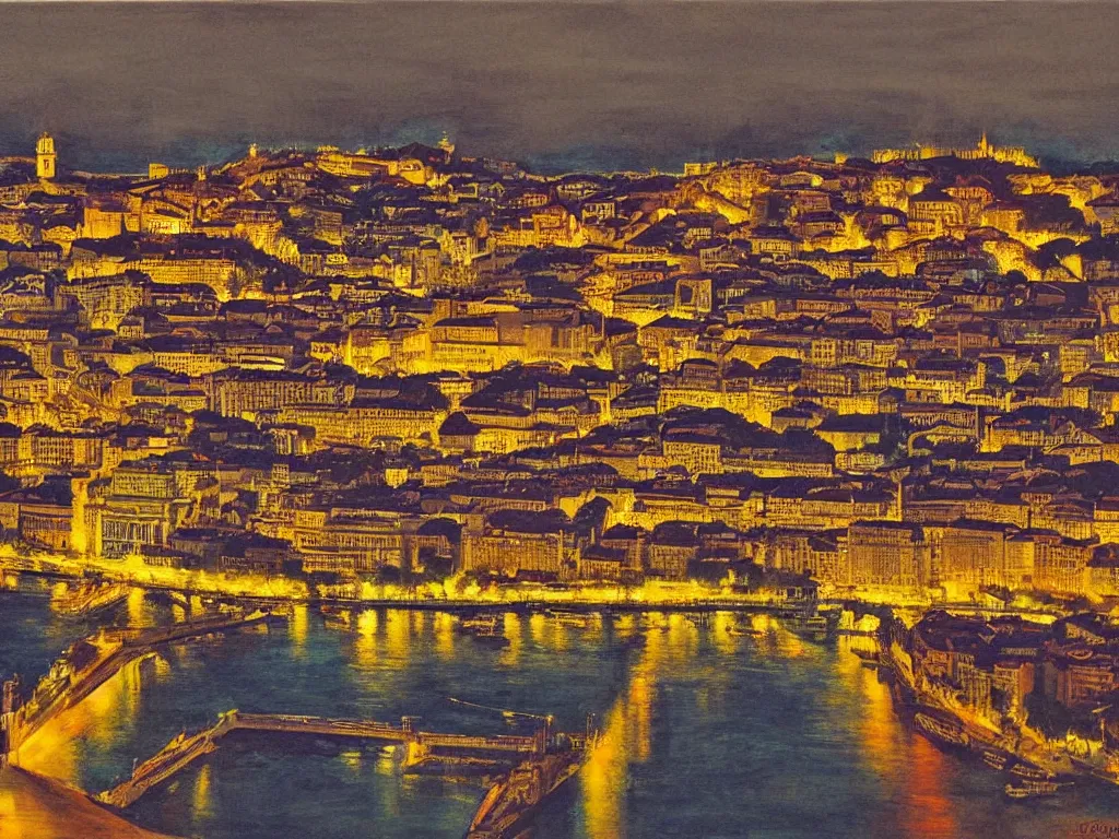 Image similar to lisbon city at night, art in the style of fernando calhau