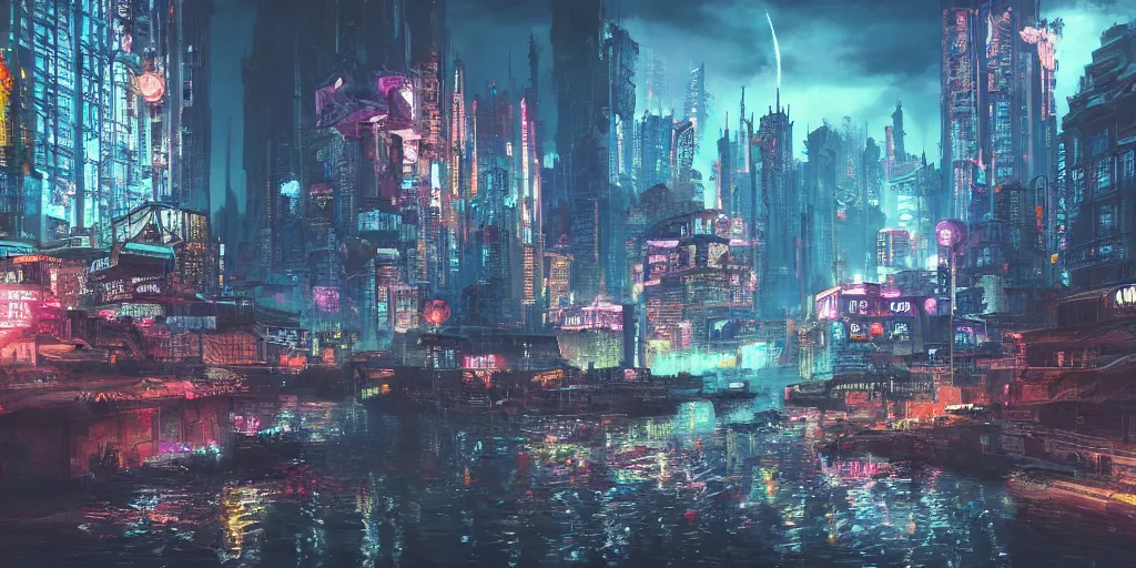 Prompt: A cyberpunk night city as Far Cry 4 concept art, spring season, beautiful, gorgeous buildings, oil painting, painting by Viktor Vasnetsov, concept art, cyberpunk cityscape, neon lighting, painting by Ivan Shishkin, hyperborea, high resolution, trending on artstation,