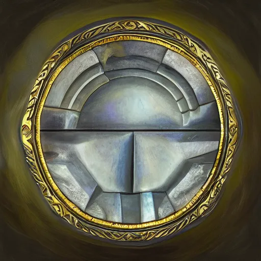 Image similar to in the center lays an ancient chromed artifact in the shape of a heavy signet ring, ornate with gentle iridescent shine from within. the ring lays on top of a pedestal. the pedestal is in front of a dark misty balcony at night. perspective from the side. realistic light and shadows. moody fantasy art, table still masterpiece life renaissance pastel painting.