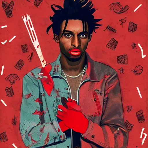 Image similar to Album Art for Playboi Carti 2021 \'Whole Lotta Red\', Vampire, Birthmark, Castle, Vector art, Geometric 3d shapes, Gang, Blood Paper Marbling, red smoke, by Sachin Teng, Trending on artstation