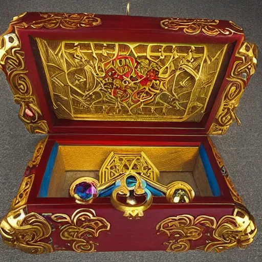 Prompt: a beautiful and vivid and colorful andreas rocha magic the gathering fantasy illustration of a beautiful engraved wooden pandora's box with inlaid jewels and gold filigree scrollwork.