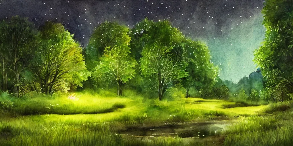 Image similar to nighttime nature landscape, lush, rich greenery, watercolor, ultra realistic, highly detailed, hd, sharp focus, warm colors, realistic, vivid colors, painting, non blurry, sharp, smooth, illustration