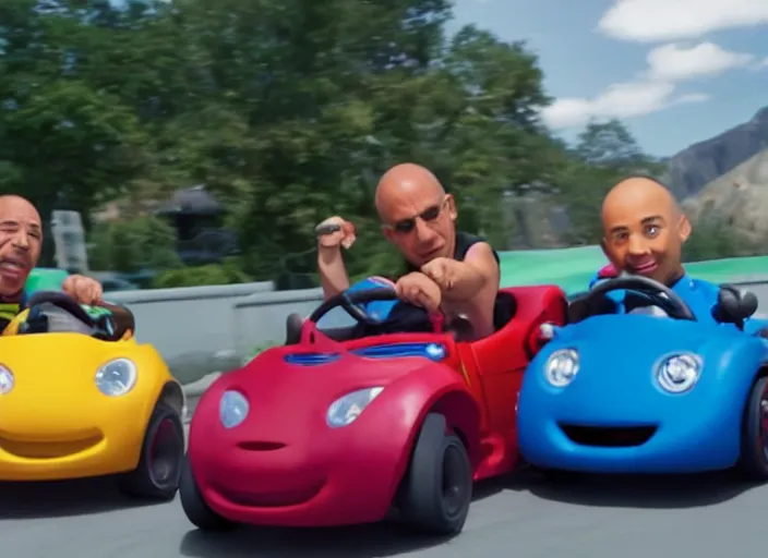 Image similar to peter dinklage racing vin diesel driving a little tikes cozy coupe cars, movie still, from the new fast and furious movie, 8 k, realistic