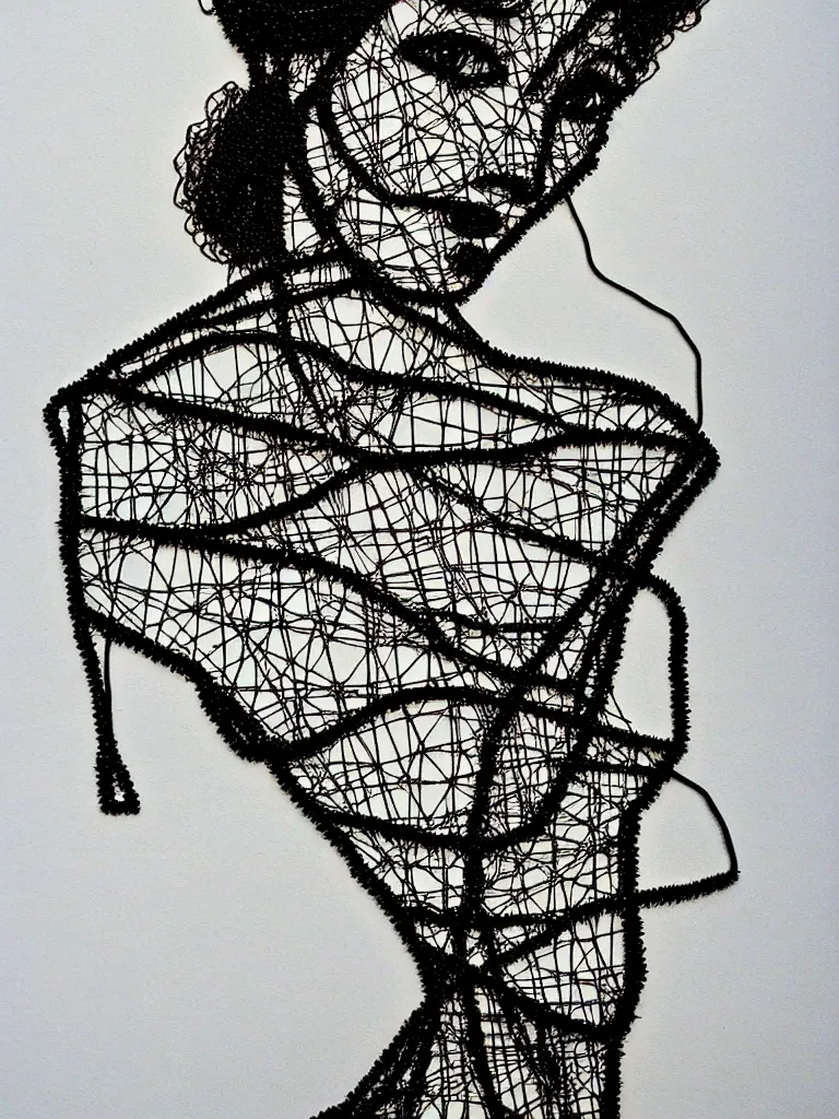 Image similar to metal wire art about an elegant woman. portrait influenced by egon schiele.